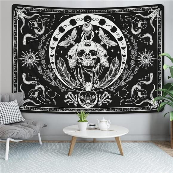 Skull Tapestry Black and White Tapestries Snake Tapestry Moth Tapestry Trippy - Picture 3 of 8